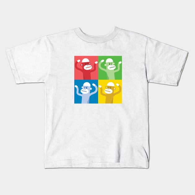 Sock monkey swarm color splash Kids T-Shirt by Raging Sockmonkey